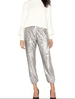 Silver Sequin Jogger Pants with Knit Waistband